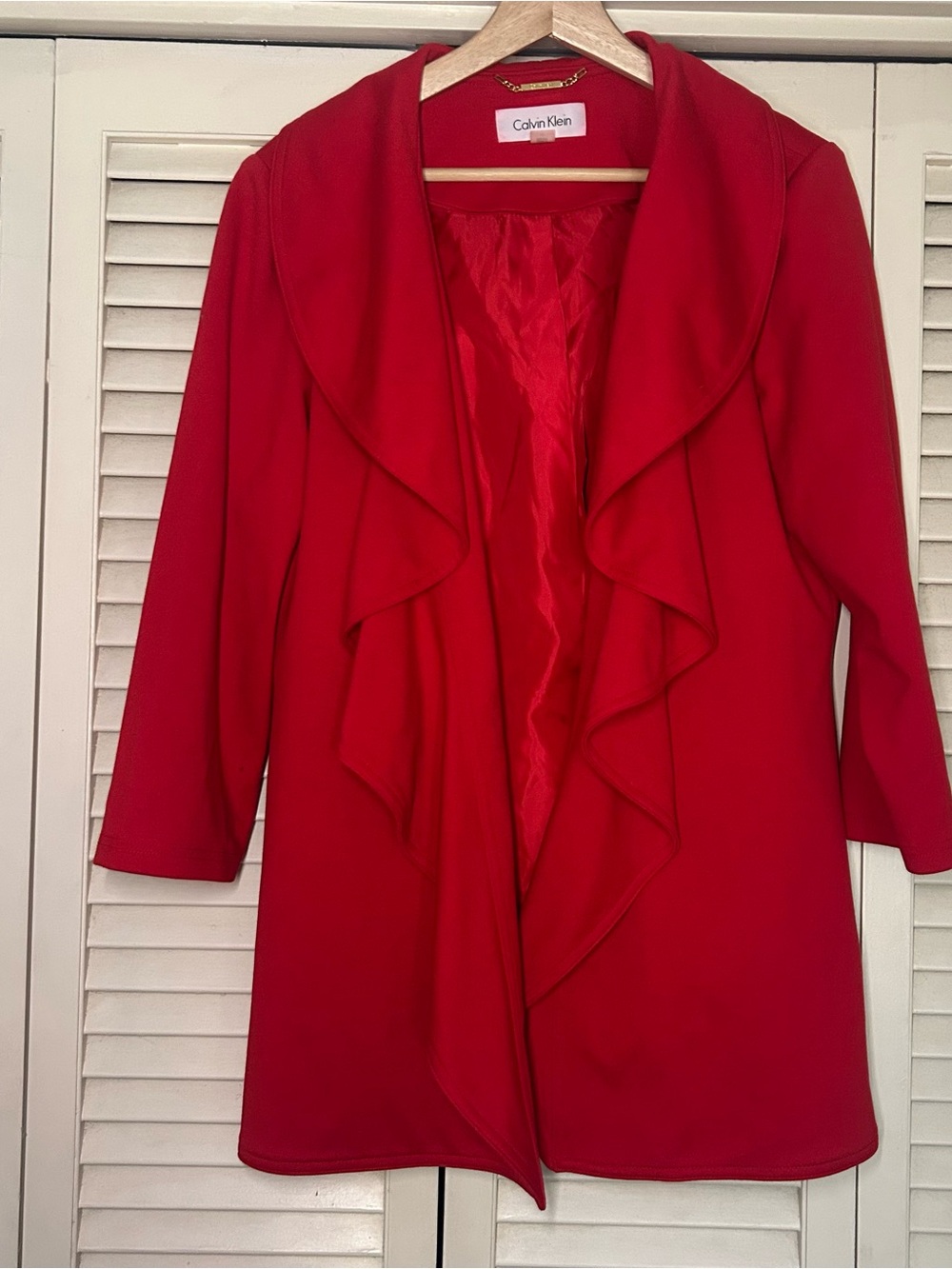 Calvin Klein Red Ruffle Open Front Draped Blazer Jacket Size 12